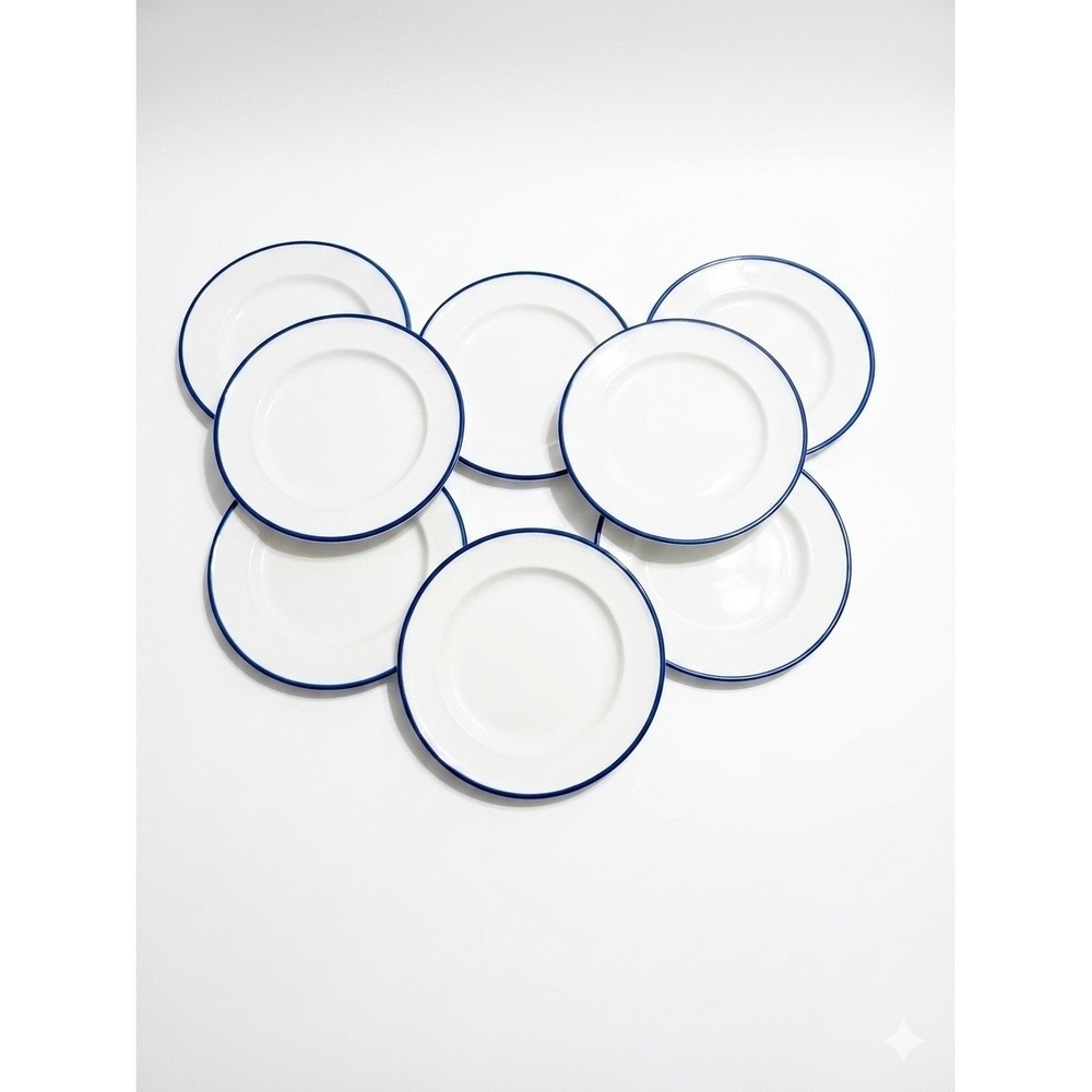 Fitz & Floyd Everyday White Bistro Blue Dessert Plate 8" Porcelain Set of 8
